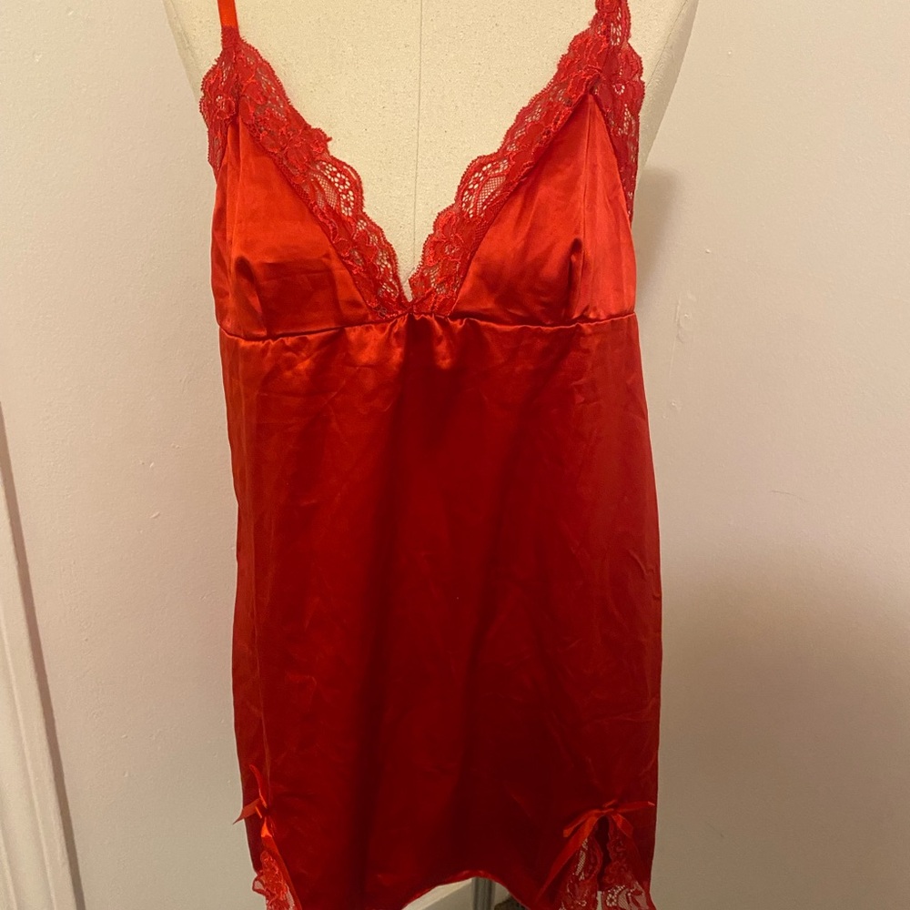 Red Lace Trim Satin Chemise